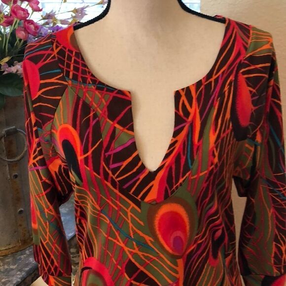 Tracy Negoshian Green and Orange Three Quarter Sleeve Shift Dress - Picture 5 of 8